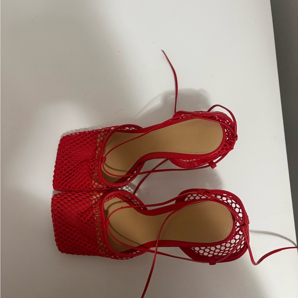 Bottega Veneta Red Lace-Up Mesh Heeled Sandals